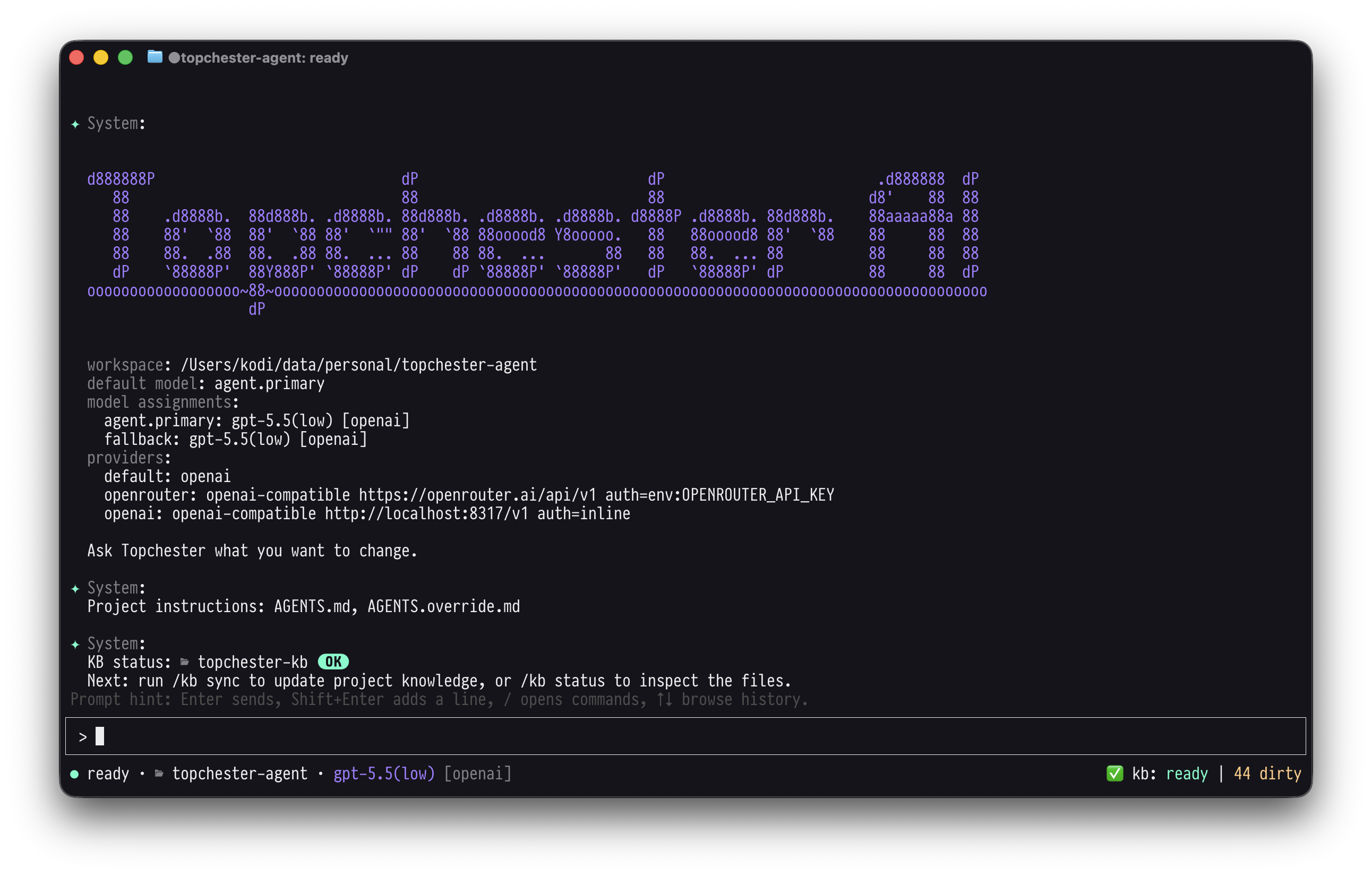 Topchester coding agent running in a terminal session